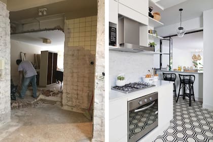 Como el interior es todo blanco, se le dio movimiento con el piso de mosaicos calcáreos ‘Colmena’ (Terra Calcáreos). La banquina de material está revestida con un porcelanato blanco simulando un zócalo.