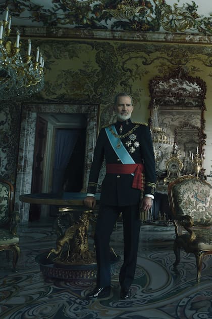 Como es tradición en este tipo de retratos del Banco de España, los Reyes fueron fotografiados por separado. Para la sesión con Leibovitz, Felipe llevó otras opciones de vestimenta, pero terminó eligiendo el uniforme que lo define: el de jefe de los tres Ejércitos y sus condecoraciones. Del cuello, cuelga la insignia del Toisón de Oro con el vellocino y, sobre el pecho, lleva la banda de seda azul celeste de esa orden y otras distinciones como la Gran Cruz al Mérito Militar, o la Gran Cruz al Mérito Naval. En el Salón Gasparini, el soberano posó con una de las manos apoyadas en una mesa redonda que data del periodo isabelino. En la habitación, una de las más representativas del palacio, se distinguen varias piezas que forman parte del patrimonio histórico español: dos sillas históricas, el reloj "El Pastor y la lámpara de araña, que fue encargada por Fernando VII, entre otros elementos.