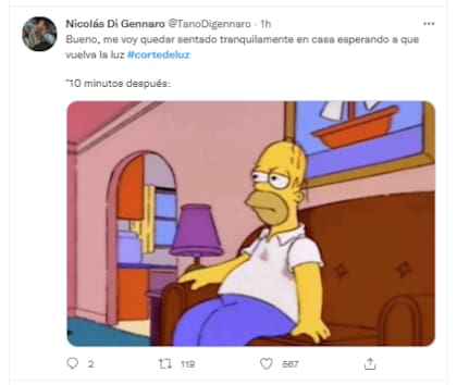 Como es usual, algunos usuarios tomaron imágenes de Los Simpson para hacer memes por la falta de energía eléctrica (Crédito: Twitter)
