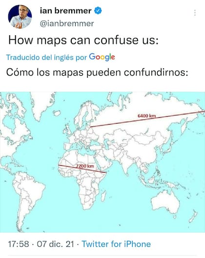 "Cómo los mapas pueden confundirnos", tuiteó el reconocido politólogo en su cuenta de Twitter
