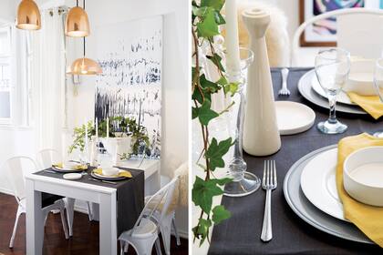 Como punto focal, obra de la artista argentina Hilda Marinsalta sobre la mesa de MDF laqueado, que se apoyó contra la pared para ahorrar espacio durante el día. Sillas ‘Tolix’ (De Sillas). Lámparas colgantes (similares, en Bazar de Luces).