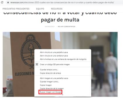 ¿Cómo se hace la búsqueda inversa? Si se tiene la foto en un link, basta con hacer clic derecho en la imagen y elegir “buscar imagen con Google”.