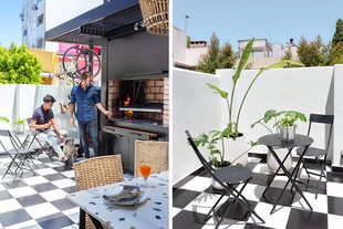 Como se limpian fácilmente, los cerámicos son ideales para el sector de la parrilla que fue diseñada por Rob: tiene una bandeja corrediza que hace de mesada y un techito de hierro y policarbonato.