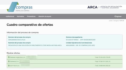 Comparación de ofertas que recibió ARCA por el contrato luego adjudicado a OCP Tech, según el sitio de compras del fisco