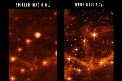Comparación entre las imágenes infrarrojas obtenidas con los telescopios Spitzer (izquierda) y Webb (derecha, mucho más nítidas)