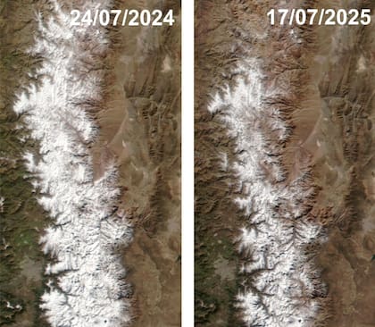 Comparación satelital de las cuencas de los ríos San Juan y Mendoza que marca la menor cantidad de nieve en este invierno