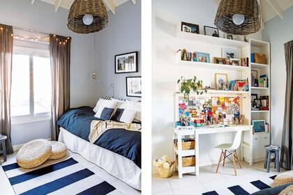 Fotos (Justina Rodríguez Simón). Almohadones (Rosario Solano). Pie de cama tejido a mano (Cosa Bonita). Alfombra (Rugit). Mueble con biblioteca y escritorio (Julio César Bauzá).