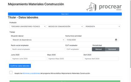 Completar con los datos laborales del aspirante a un microcrédito de Procrear 2020