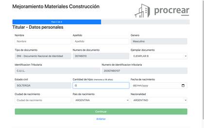 Completar con los datos personales del titular solicitante de un crédito de Procrear