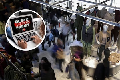 Compras en un retail de Nueva York en la semana del Black Friday (Montaje sobre AP Photo/Julia Nikhinson).