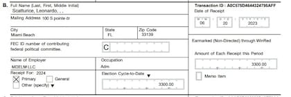 Comprobante de contribución a la campaña de "Suarez for President", según la FEC