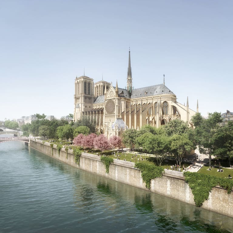Comprometida a ser la ciudad más verde de Europa en 2030, la reconstrucción de la catedral de Notre-Dame de París tendrá un nuevo parque