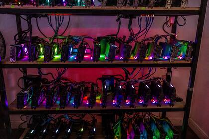 Computadoras en una granja de criptomoneda. Argentina es el país en que más trabajadores eligen recibir parte de su paga en criptodivisas