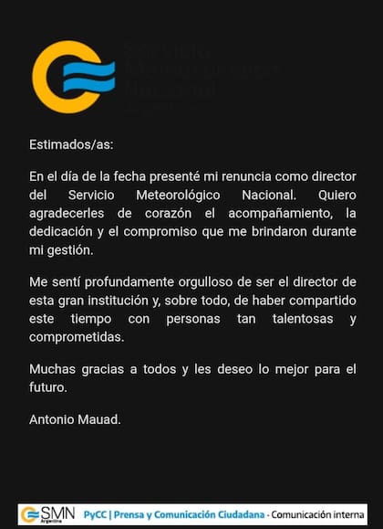Comunicación de Mauad al personal del SMN