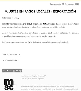 Comunicación de MSC a sus clientes.