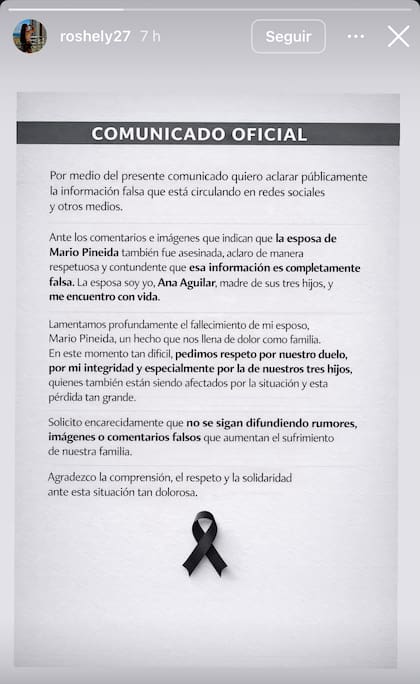 Comunicado de Ana Aguilar, esposa de Mario Pineida, el futbolista asesinado en Ecuador