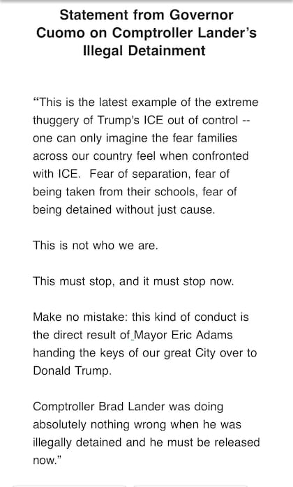 Comunicado de Andrew Cuomo sobre la detención de Brad Lander