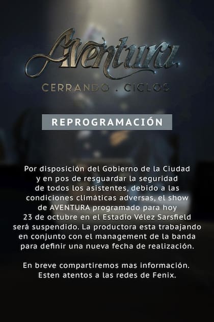 Comunicado de cancelación del show de grupo Aventura
