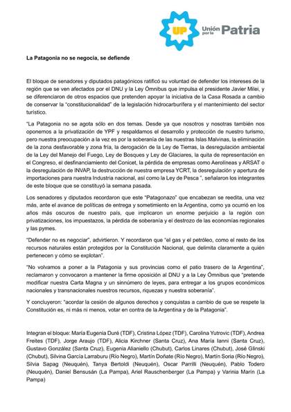 Comunicado de diputados y senadores patagónicos.