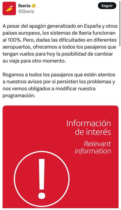 Comunicado de Iberia, captura de X