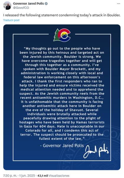 Comunicado de Jared Polis con respecto al incidente