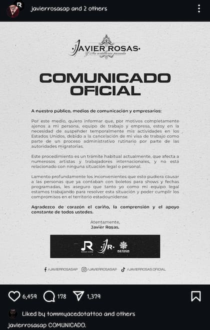 Comunicado de Javier Rosas y su artillería pesada con respecto a la cancelación de sus shows en Estados Unidos. Instagram @javierrosasap, @rosasmusicinc, @aztecarecords