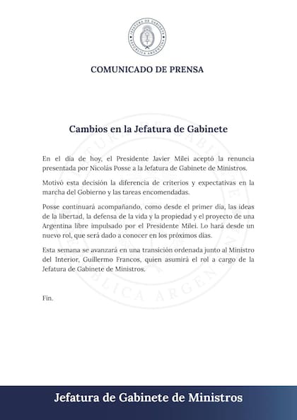 Comunicado de Jefatura de Gabinete.
