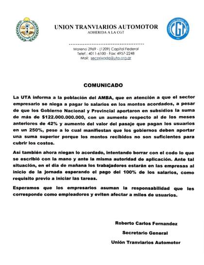 Comunicado de la UTA