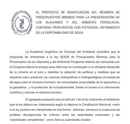 Comunicado de la Academia Argentina de Ciencias del Ambiente en rechazo a la modificación de la ley de glaciares