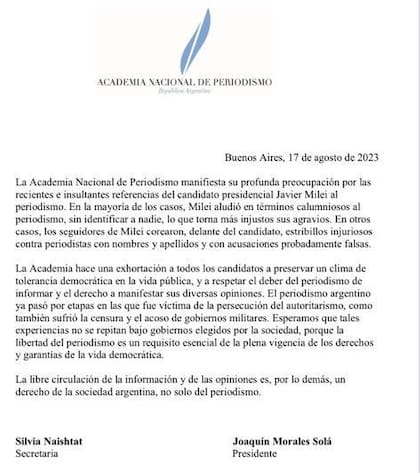Comunicado de la Academia Nacional de Periodismo con críticas a Milei