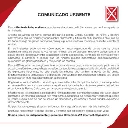 Comunicado de la agrupación Gente de Independiente sobre los incidentes en el estadio por barras que responden a Hugo Moyano