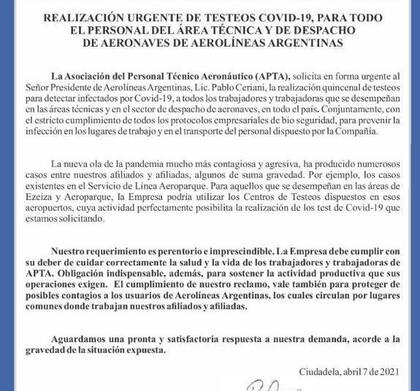 Comunicado de la Asociación del Personal Técnico Aeronáutico (APTA)