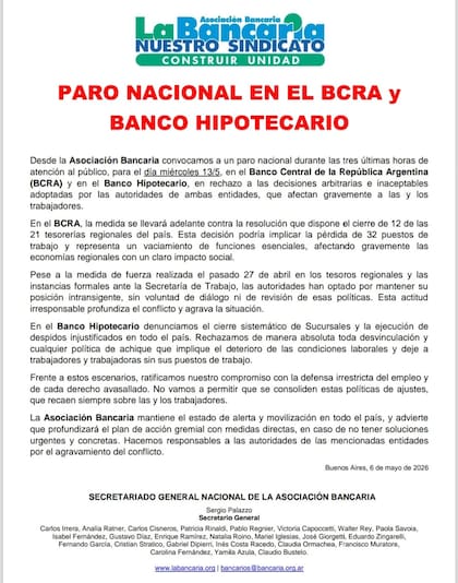 Comunicado de la Asocición Bancaria sobre el paro nacional en el BCRA y el Banco Hipotecario el próximo miércoles 13 de mayo