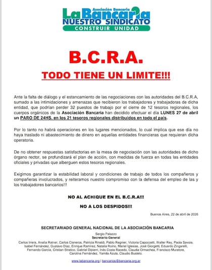 Comunicado de La Bancaria sobre el paro del lunes 27 de abril
