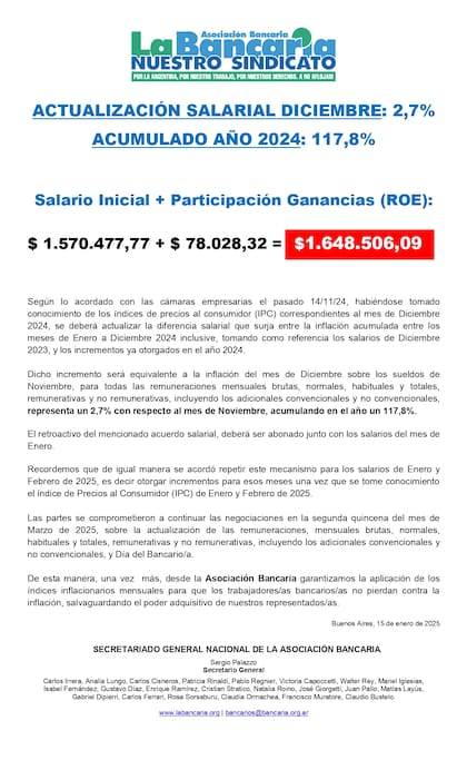 Comunicado de La Bancaria sobre la actualización salarial de enero 2025
