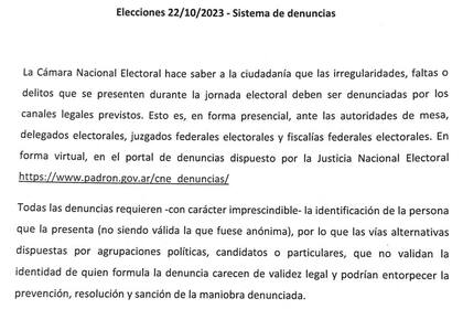 Comunicado de la Cámara Nacional Electoral