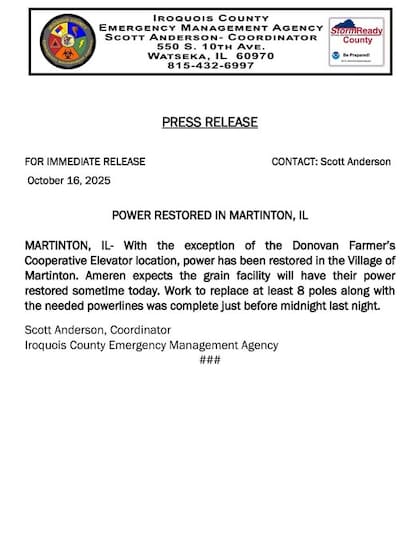 Comunicado de la EMA sobre colapso en depósito de granos en Illinois (FB IroquoisCountyEMA)