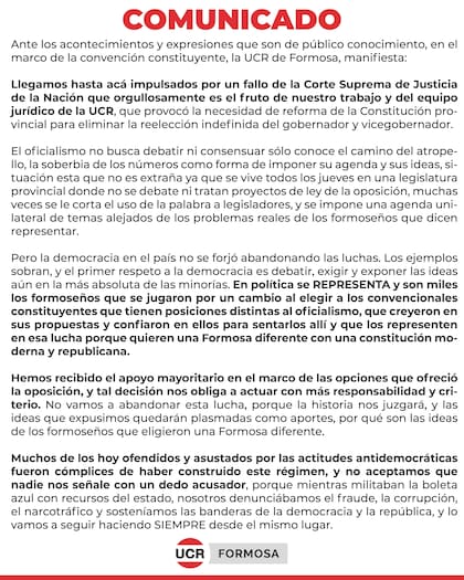 Comunicado de la UCR formoseña