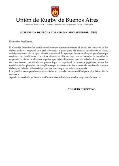 Comunicado de la URBA que informa de la suspensión de toda la jornada de rugby para el sábado 17 de mayo, debido a las lluvias