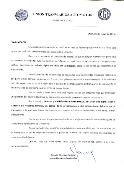 Comunicado de la UTA por el cual ratificó el paro de colectivos de este martes 6 de mayo