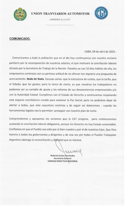 Comunicado de la UTA sobre el paro general de la CGT de este jueves 10 de abril