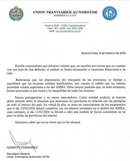 Comunicado de la UTA sobre un posible paro de colectivos en el interior del país este miércoles 11 de febrero