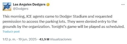Comunicado de Los Angeles Dodgers sobre los agentes de ICE. Foto: X