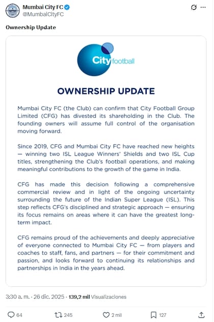 Comunicado de Mumbai City en el que anuncia que City Football Group deja de invertir en la institución india