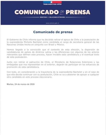 Comunicado de prensa de la cancillería chilena