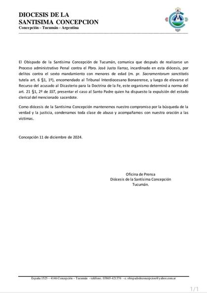 Comunicado de Prensa del Obispado de la Santísima Concepción de, Tucumán mediante el cual se da a conocer la decisión final del Santo Padre en el proceso eclesiástico llevado adelante contra ILARRAZ.