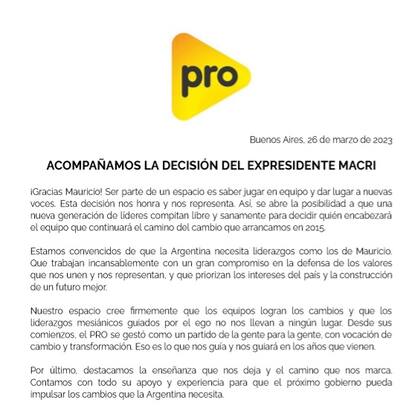 Comunicado de Pro después de que Mauricio Macri anunciara que no será candidato a presidente
