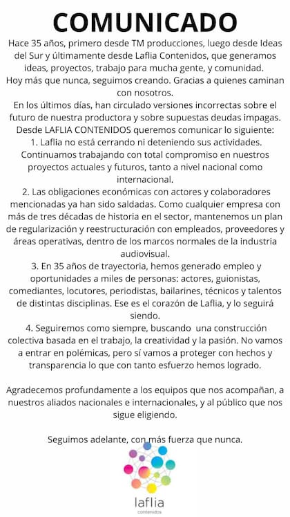 Comunicado de Tinelli sobre LaFlia