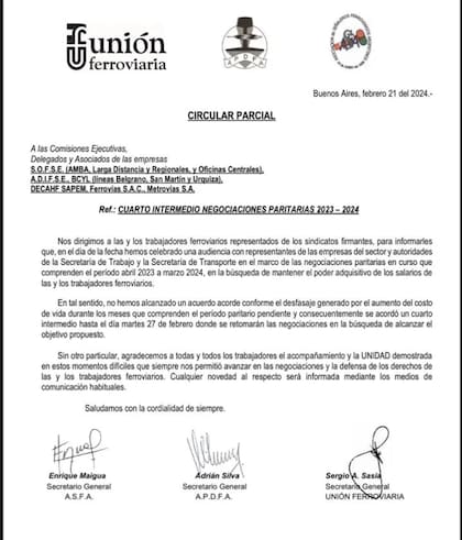 Comunicado de Unión Ferroviaria.