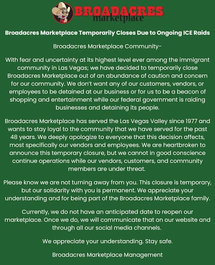 Comunicado del cierre de Broadacres Marketplace.
